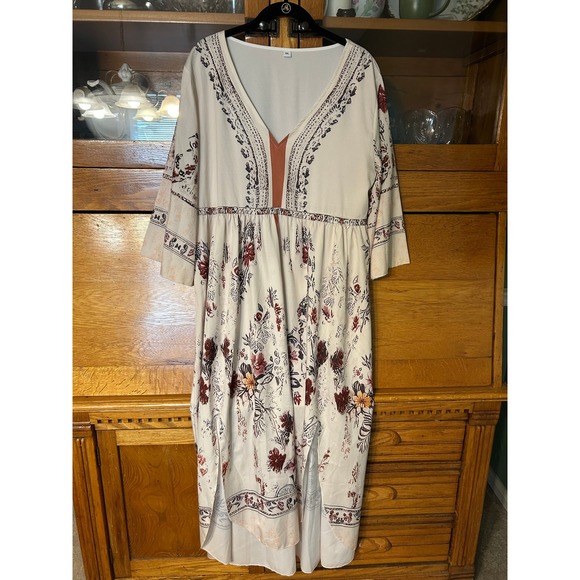 Unbranded Dresses & Skirts - Boho Floral Hi Low Maxi Dress XXL Cream Burgundy Bell Sleeve V-Neck Empire Waist